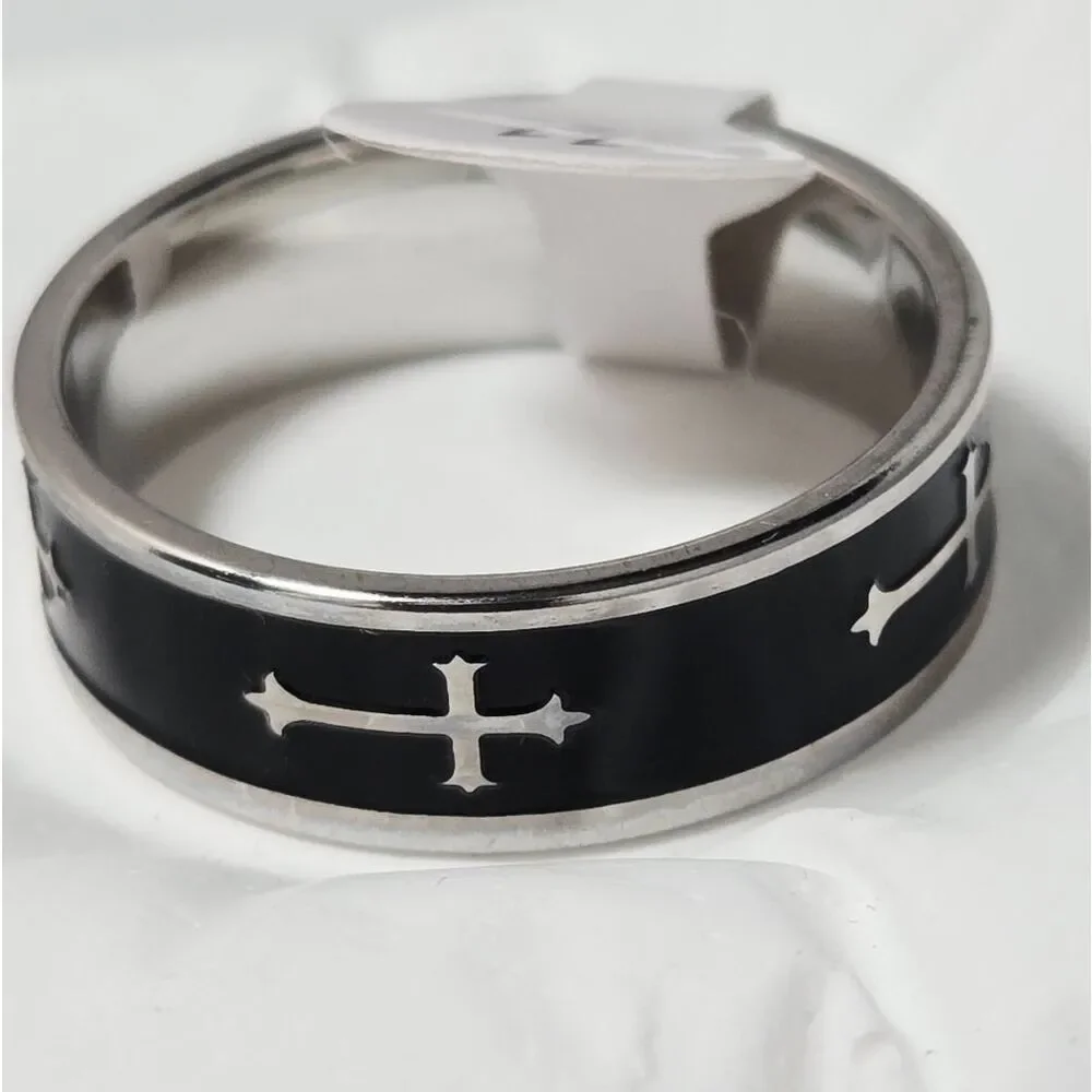 Men’s Blackened Cross Ring Stainless Steel Western Minimal 8mm Band Size 11